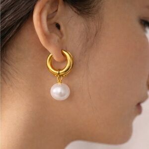 NEW Vermeil Big Pearl Hoop Earrings - Stainless Steel Dangle Drop Huggies